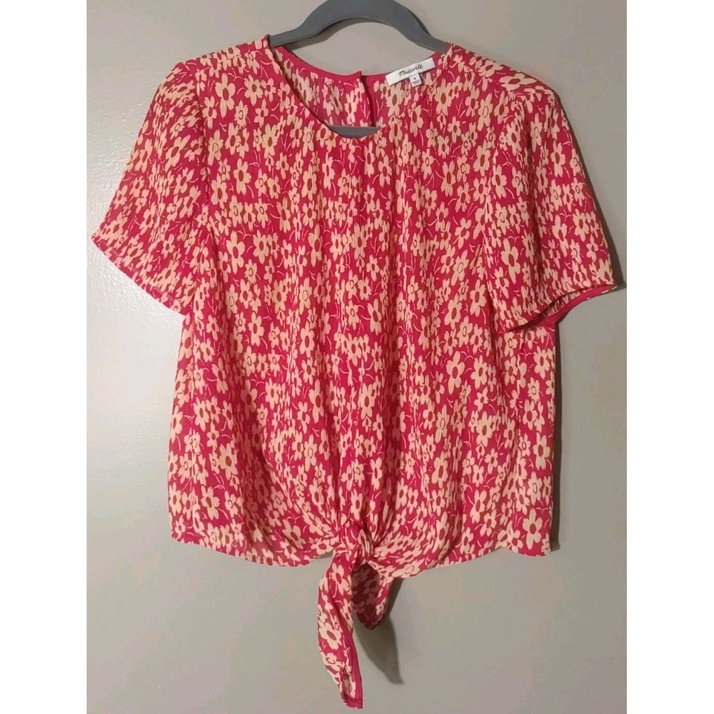 Madewell Red‎ Cream Floral Front Tie Accordion Texture Back Button Top Size M